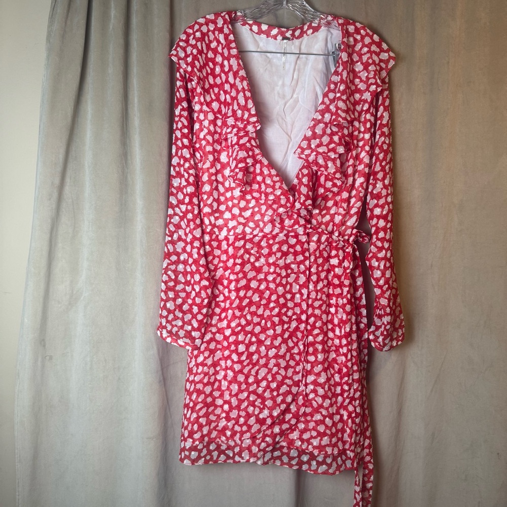 Free People Women's Frenchie Wrap Chiffon Mini Dress, Red holiday ruffle lined